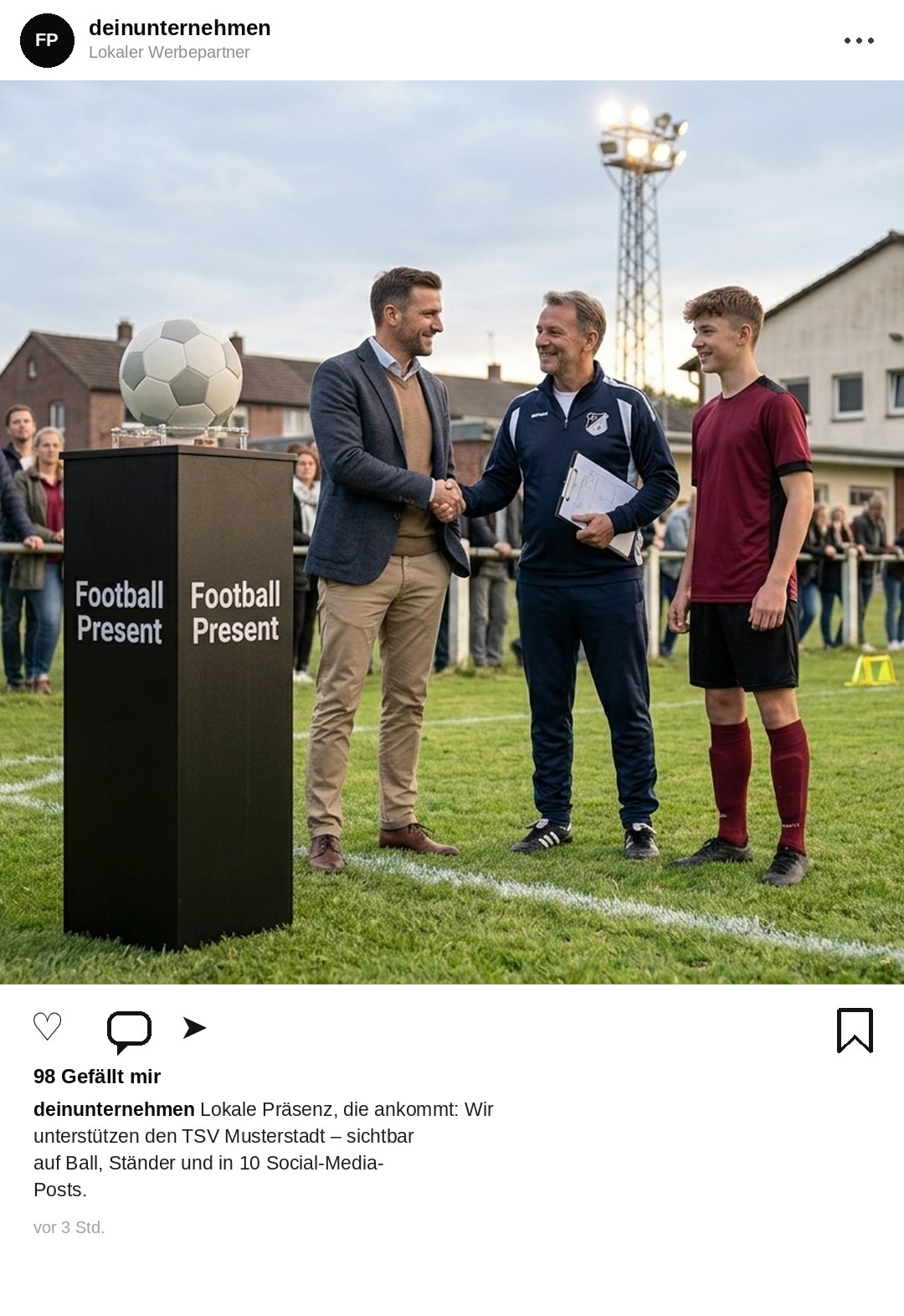 Beispielhafter Instagram-Post eines Werbepartners mit Football-Present-Präsentationsständer am Spielfeldrand Beispielhafter Instagram-Post eines Werbepartners mit Football-Present-Präsentationsständer am Spielfeldrand