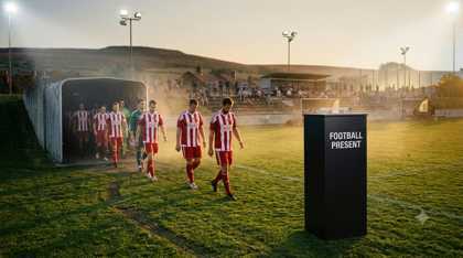 Mannschaft läuft durch den Spielertunnel ins goldene Abendlicht ein