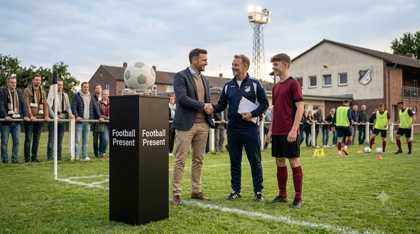Händedruck bei der Übergabe zwischen Vereinsvertreter und Football Present