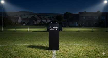 Präsentationsständer mit Ball bei Flutlicht-Nachtstimmung am Spielfeldrand